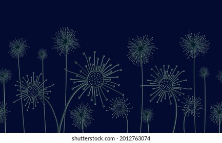 horizontal pattern of summer dandelion inflorescences, light contour fluffy pattern on a dark background, summer air dandelions, stylish floral abstraction