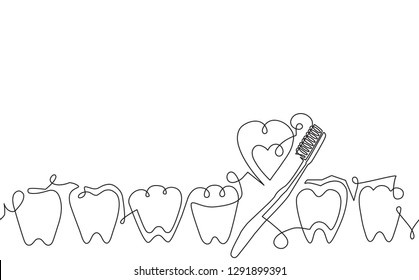 Horizontal Pattern with Teeth and Brush. Continuous drawing style. Vector Background.