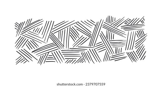 Horizontal pattern, texture, line hand drawn. Hatch drawing pen ink and crosshatch draw pencil sketch Doodle scratch style. Black shape on white background. Vintage graphic design Vector illustration
