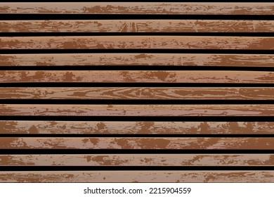 Horizontal pattern of thin wooden textured lamellas with timber print. Fence made of oak lath. Screen with rustic effect. Natural hardwood background. Vector illustration. Exterior design