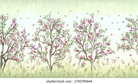 Horizontal Pattern with trees with bright flowers and leaves with feels grass and pampas grass, flying insects like butterfly, bee, ladybug and dragonfly