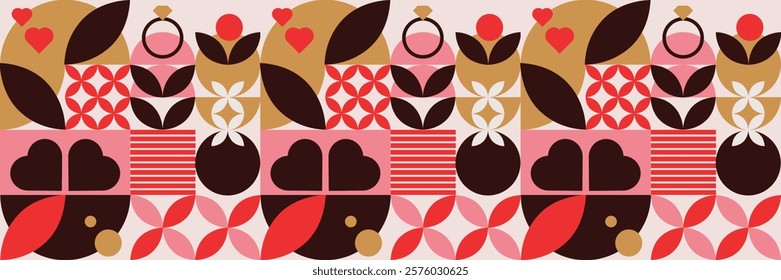 Horizontal pattern for Valentine's Day with elements of love. Trendy mosaic banner, wrapping paper. Vector illustration