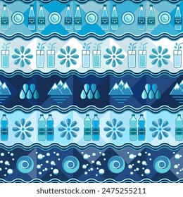 Horizontal pattern with water icons, design elements in flat simple geometric style. Seamless background with abstract shapes. For branding, decoration of food package, design, textile kitchen prints