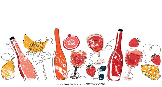 Horizontal Pattern with Wine. Border with Continuous line Drawing  Bottles, Glasses,Olives, Fruits and Cheese . Vector Background. 