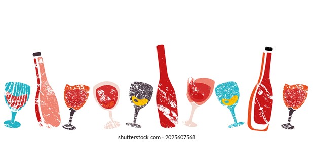 Horizontal Pattern with Wine. Border with  Drawing Bottles, Glasses isolated on white background. Vector Illustration.