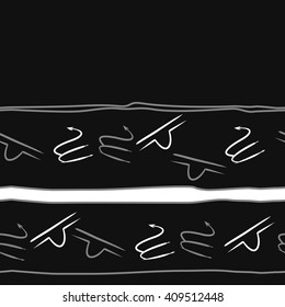 Horizontal  pattern of zodiac signs, doodles, libra, scorpio,object, stripes, spot, copy space. Hand drawn.