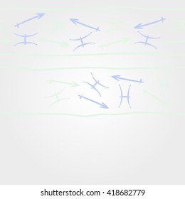 Horizontal    pattern of zodiac signs, doodles, object,pisces,sagittarius,stripes,  copy space. Hand drawn.
