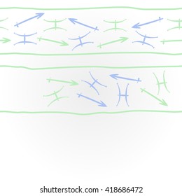 Horizontal   pattern of zodiac signs, doodles, object,pisces,sagittarius,stripes,  copy space. Hand drawn.