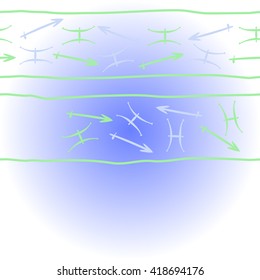 Horizontal    pattern of zodiac signs, doodles, object,pisces,sagittarius,stripes,  copy space. Hand drawn.