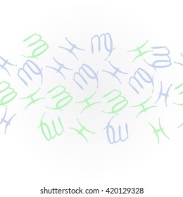Horizontal pattern of zodiac signs, doodles, object,pisces,virgo, copy space. Hand drawn.