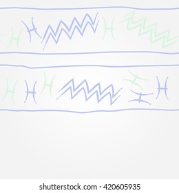 Horizontal pattern  of zodiac signs, doodles, object,pisces,aquarius, stripes,  copy space. Hand drawn.