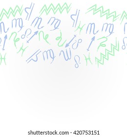 Horizontal  pattern  of zodiac signs, doodles, object,pisces,aquarius,capricorn,virgo,sagittarius,scorpio,libra, lion, copy space. Hand drawn.