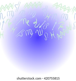 Horizontal  pattern  of zodiac signs, doodles, object,pisces,aquarius,capricorn,virgo,sagittarius,scorpio,libra, lion, copy space. Hand drawn.