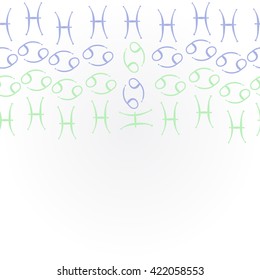 Horizontal pattern  of zodiac signs, doodles, object,cancer, pisces, copy space. Hand drawn.