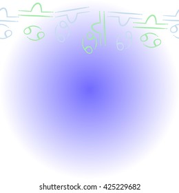 Horizontal pattern  of zodiac signs, doodles, object,cancer,libra, copy space. Hand drawn.