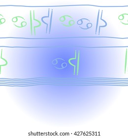 Horizontal pattern  of zodiac signs, doodles, object,cancer,libra, stripes, copy space. Hand drawn.