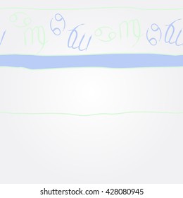 Horizontal  pattern of zodiac signs, doodles, object,cancer,virgo, stripes, spot, copy space. Hand drawn.
