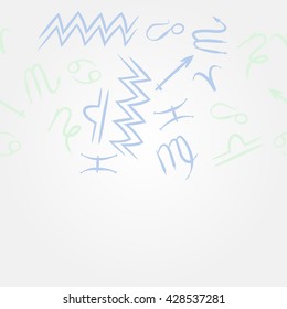 Horizontal pattern of zodiac signs, doodles, object,cancer,virgo,aries,cancer,lion,scorpio,sagittarius,capricorn,aquarius,pisces, copy space . Hand drawn