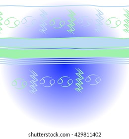 Horizontal     pattern of zodiac signs, doodles,  object,cancer, aquarius, stripes, spots, copy space. Hand drawn.