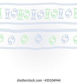    horizontal   pattern of zodiac signs, doodles,  object,gemini,cancer, stripes, copy space. Hand drawn.