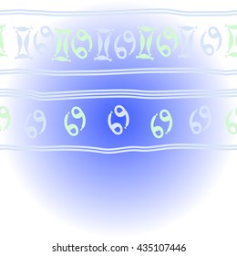    horizontal   pattern of zodiac signs, doodles,  object,gemini,cancer, stripes, copy space. Hand drawn.
