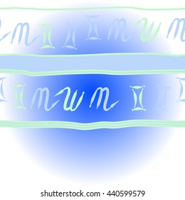 Horizontal    pattern of zodiac signs, doodles,  object, gemini,scorpio, stripes, spot, copy space. Hand drawn.