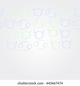   horizontal pattern of zodiac signs, doodles,  object, taurus, cancer, copy space. Hand drawn.