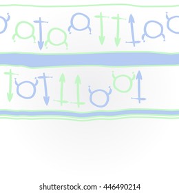 Horizontal   pattern of zodiac signs, doodles,  object, taurus,sagittarius, stripes, copy space. Hand drawn.