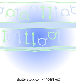 Horizontal    pattern of zodiac signs, doodles,  object, taurus,sagittarius, stripes, copy space. Hand drawn.