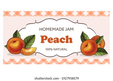 Horizontal peach jam label for jar of peach confiture, jam or marmalade. Can be used for natural or organic fruit products and health care goods.