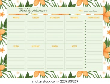 Planner semanal personal horizontal con flores exóticas, plantilla de hojas tropicales. Nota A4. Calendario de 7 días de la semana, notas y lista de compras en formato vectorial