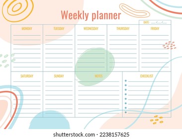 Horizontal personal weekly planner template. Page A4 with abstract elements. Schedule for 7 days of the week, notes and checklist for daily routine in vector format