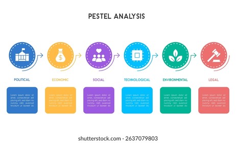 Horizontal PESTEL Analysis Infographic with Colored Circular Icons and Business Factors Vector Illustration