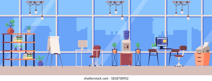 Horizontal picture of modern office interior in skyscraper or office building. Workplace furniture in open space for productive work, flat cartoon vector illustration