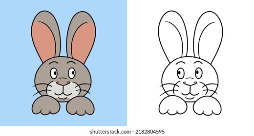 Conjunto de imágenes horizontal, conejo divertido lindo, sonriente, ilustración vectorial en estilo de dibujos animados para libro de colores
