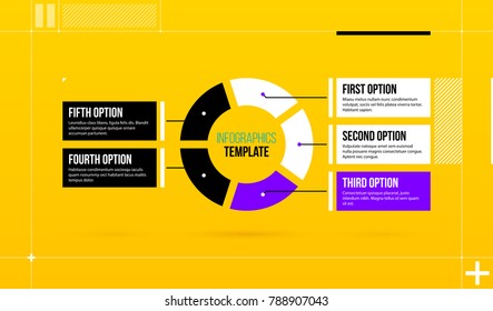 Horizontal pie infographics template with five segments in colorful hi-tech style on bright yellow background