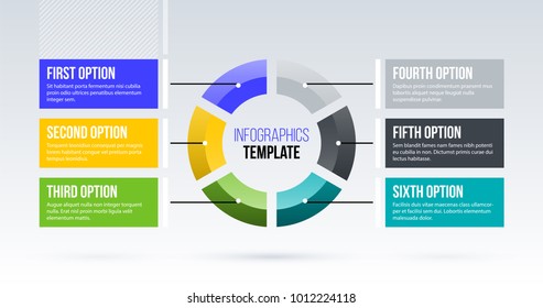 Horizontal pie infographics template with six segments in clean business style on white background