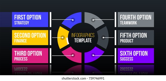 Horizontal pie infographics template with six segments in clean corporate style on black glossy background