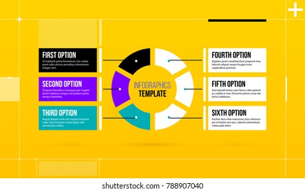 Horizontal pie infographics template with six segments in colorful hi-tech style on bright yellow background