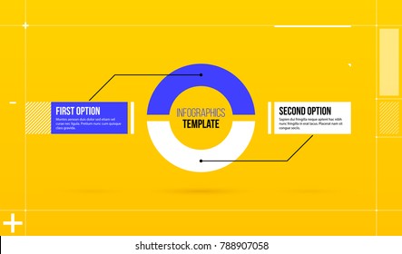 Horizontal pie infographics template with two segments in colorful hi-tech style on bright yellow background