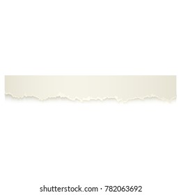 Horizontal piece, ribbon of torn-off blank paper with ripped edge, realistic vector illustration isolated on transparent background. Realistic vector ribbon, banner, piece of torn-off, ragged paper