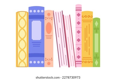 Horizontal pile of books with bright covers isolated on white background. Hand drown cartoon illustration of colorful books. 