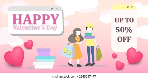 Fondo rosa horizontal, cartel del día de San Valentín feliz con pareja de amor, texto vectorial, corazones, compras, bolsas de compras.