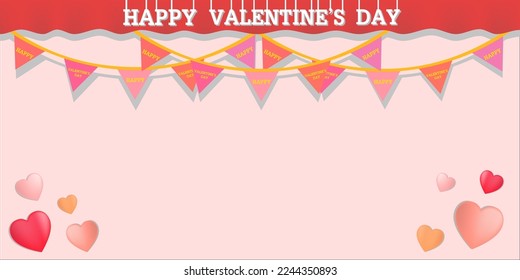 Fondo rosa horizontal con corazones, bandera de tracción triangular, cortina roja y feliz vectores de texto de día de San Valentín.