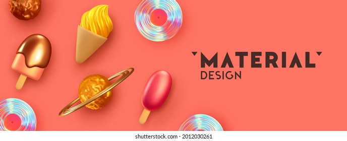 Horizontal pink banner, header for social media and website. Realistic 3d design of objects. Poster template, summer background with ice cream. Flat top view. Vector illustration