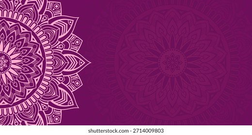 Horizontal pink color vector mandala banner. Decorative flower mandala on purple background. Luxury mandala color vector background. Arabic, islamic east style. Vector color illustration.