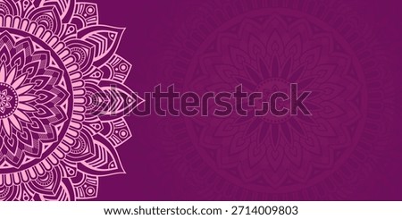 Horizontal pink color vector mandala banner. Decorative flower mandala on purple background. Luxury mandala color vector background. Arabic, islamic east style. Vector color illustration.