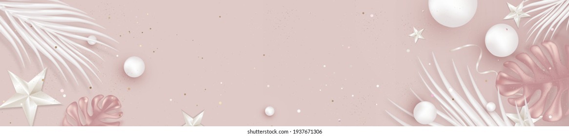 Horizontal pink cover with monstera leaves, tropical branches. Flat lay horizontal banner. Summer vacation concept, sales, weekend, holidays. Top view. Realistic vector.