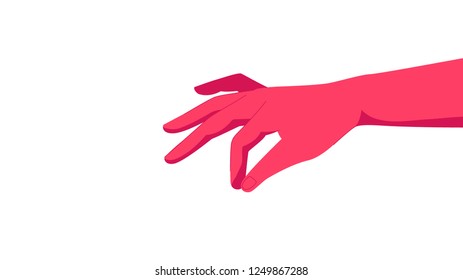 Horizontal pink hand holding a virtual card with your fingers on a white background. Vector illustration.