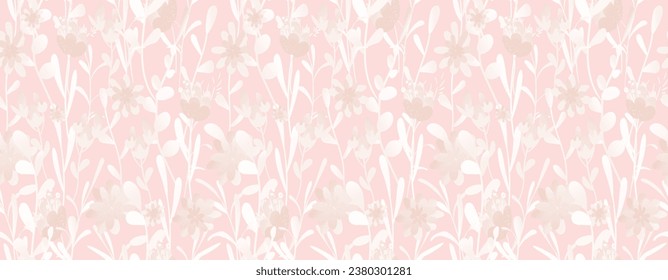 Horizontal pink pattern. Flowers, petals, leaves and branches in muted shades of white and pale beige. Minimal wall art.